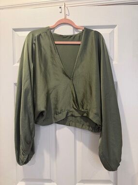 Free People Olive Green V-Neck Draped Blouse